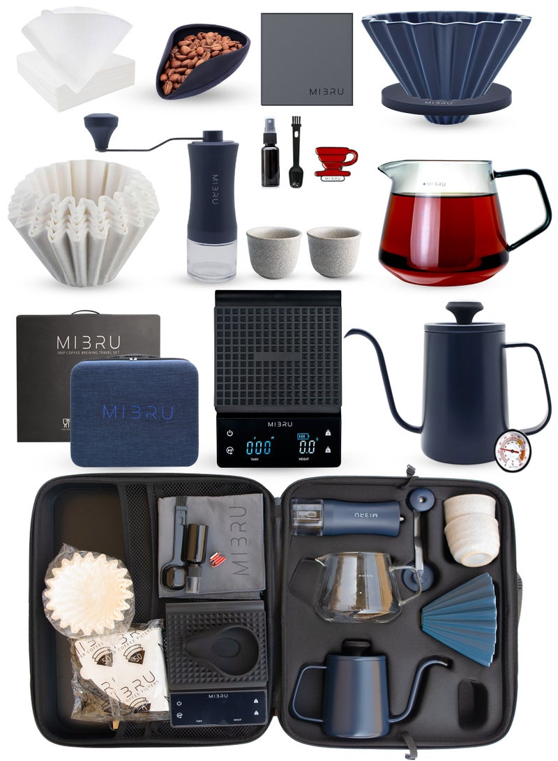 MIBRU V60 Pour Over Premium Drip Coffee Maker Kit,14-piece Drip Coffee Maker with a dedicated coffee bag Blue, built-in coffee pot, thermometer, coffee bean weighing tray, electric coffee bean grinder, coffee bean spray bottle, coffee spoon, V60 paper coffee filter, zigzag drip filter, coffee sharing pot, hand-held slim-neck coffee pot, dripper nozzle, specialty coffee kit, specialty coffee tools, coffee machine, coffee mug, coffee cleaning kit, pour-over coffee maker accessories. - Image 1